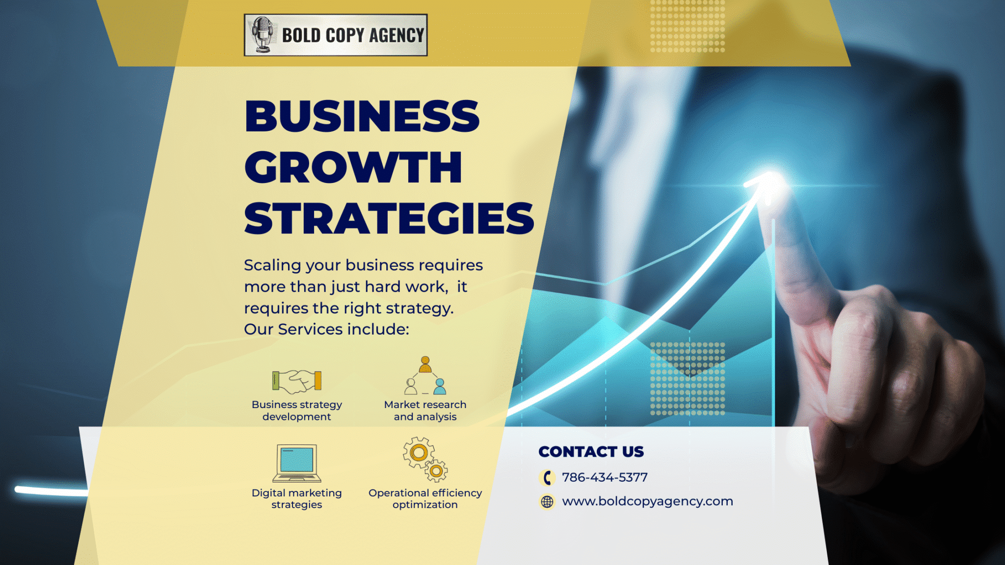 Russell Otway of Bold Copy Agency, LLC points to an upward business graph representing small business growth strategies, highlighting services like digital marketing, operational efficiency, and strategic planning for entrepreneurs and veteran-owned startups.