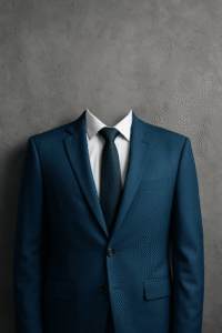 Empty business suit against a blue background, symbolizing ghostwriting and the loss of personal voice in content