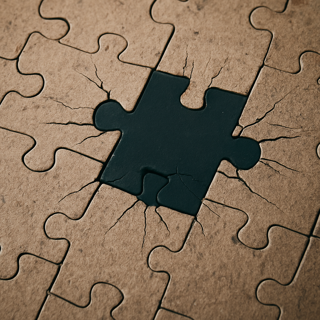 Black puzzle piece forcibly inserted into a nearly completed jigsaw, cracking surrounding pieces.