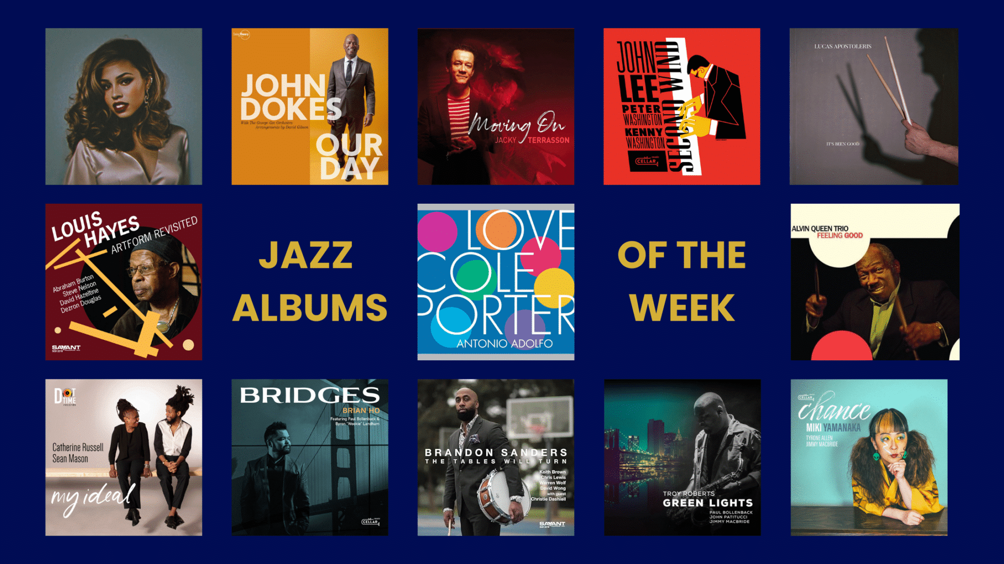 Ghostwriting Jazz Album Reviews hero image featuring WDNA’s Album of the Week covers, including John Dokes, Antonio Adolfo, Alvin Queen Trio, and more.