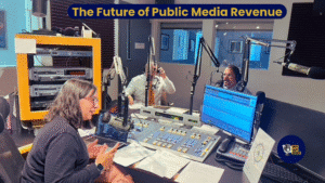 Local digital advertising solutions for public media shown with WDNA team in studio — Margherita Lacapra hosting “The Score,” Brandon Buth, and Russell Otway discussing revenue growth.
