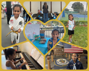 Collage of a young girl in Taekwondo, Girl Scouts, Cub Scouts, music, and sports, showing growth, empowerment, and the journey toward women founders equality.