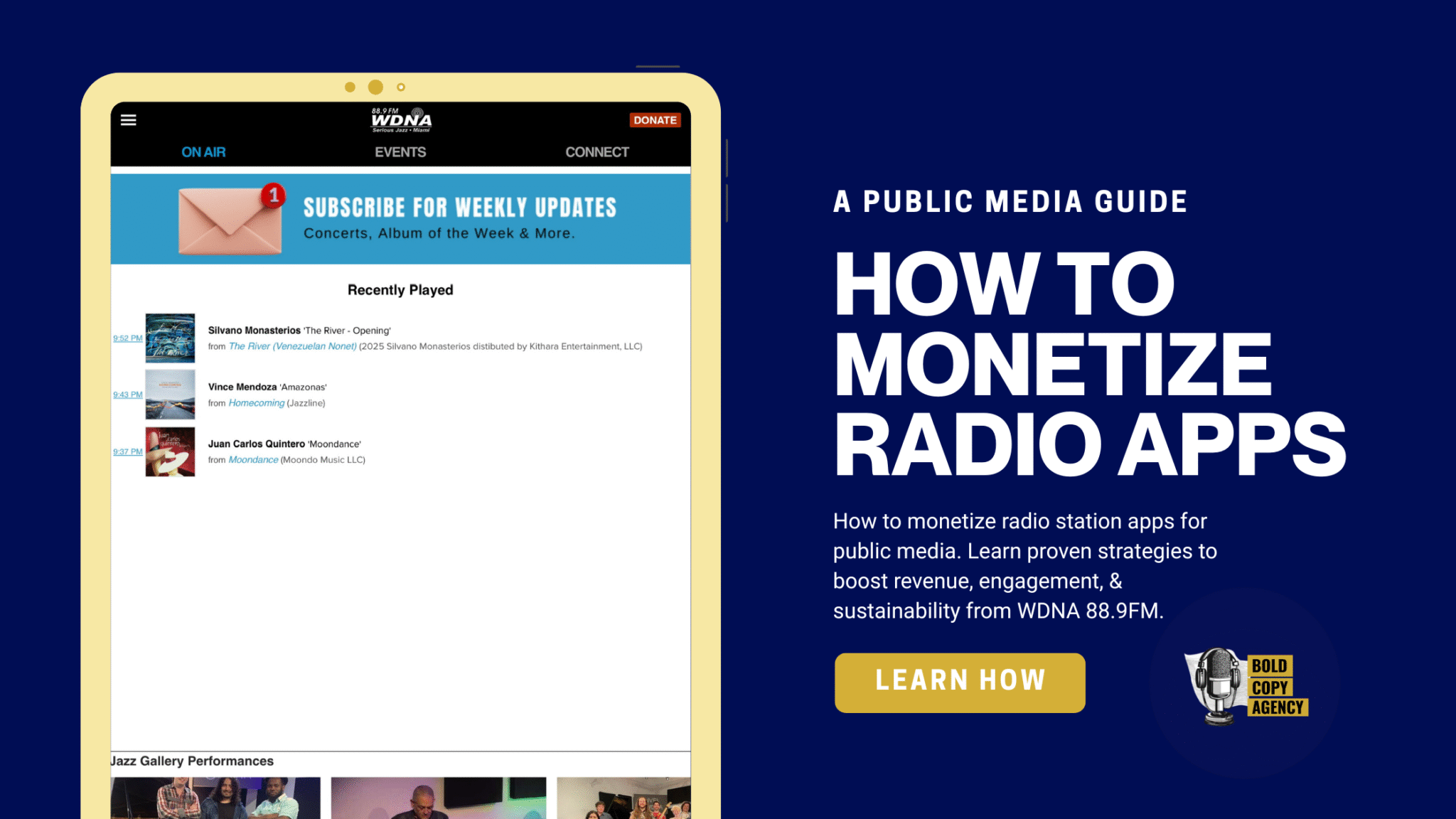 Hero image showing WDNA radio app with blog title How to Monetize Radio Apps for Public Media.