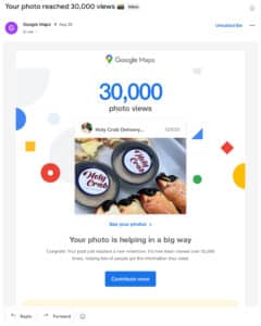 Screenshot showing Holy Crab voiceover Google Maps photo with 30,000 views, confirming campaign visibility and engagement from the public radio ad.
