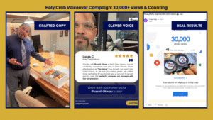 Composite image for Holy Crab voiceover campaign showing Russell Otway with crab delivery box, client review, and 30,000-view Google Maps screenshot.
